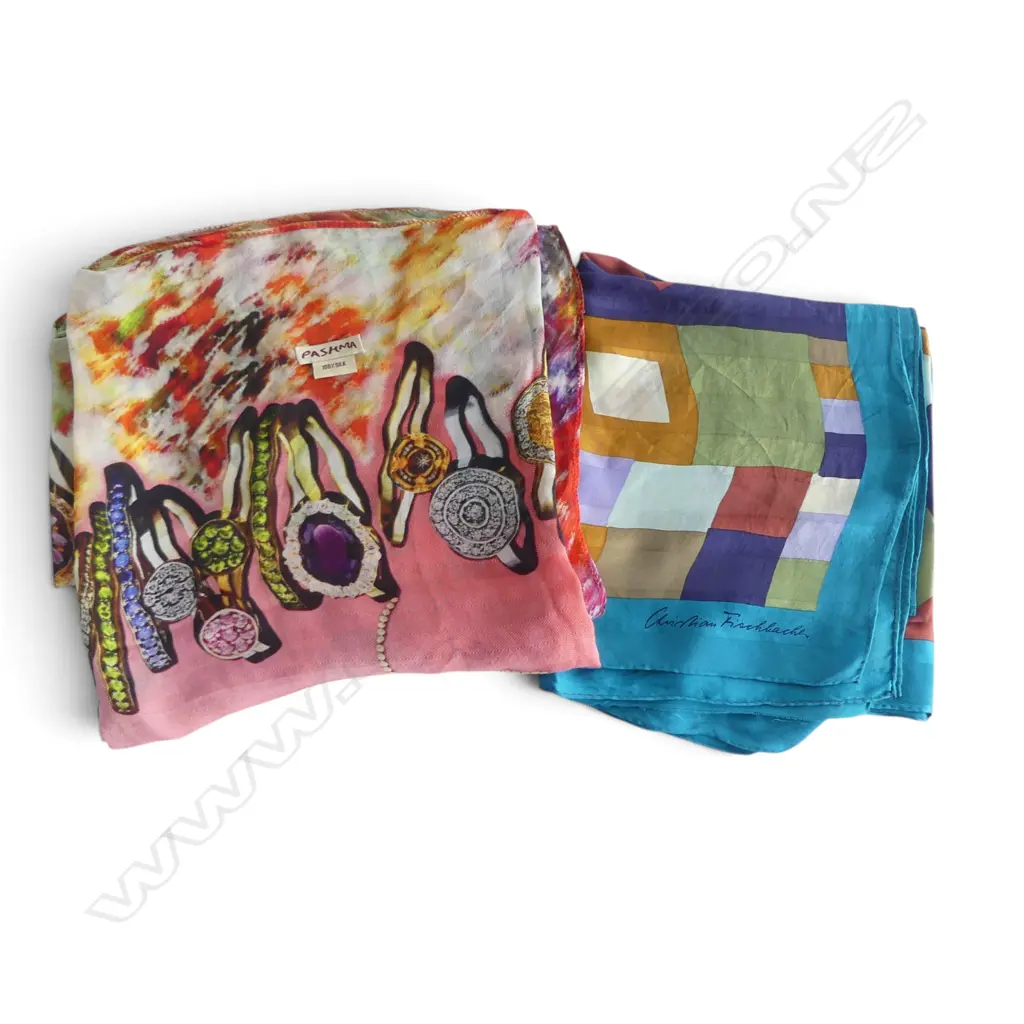 2 DESIGNER SILK SCARVES: 'Pashma' + 'Christian Fischbachen' Image 1++