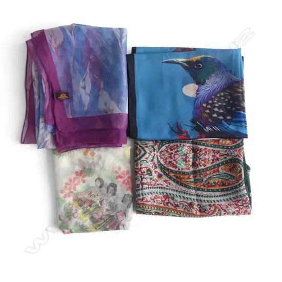 4 silk scarves: 1 with Maori women poi dancers + 1 boteh motif etc