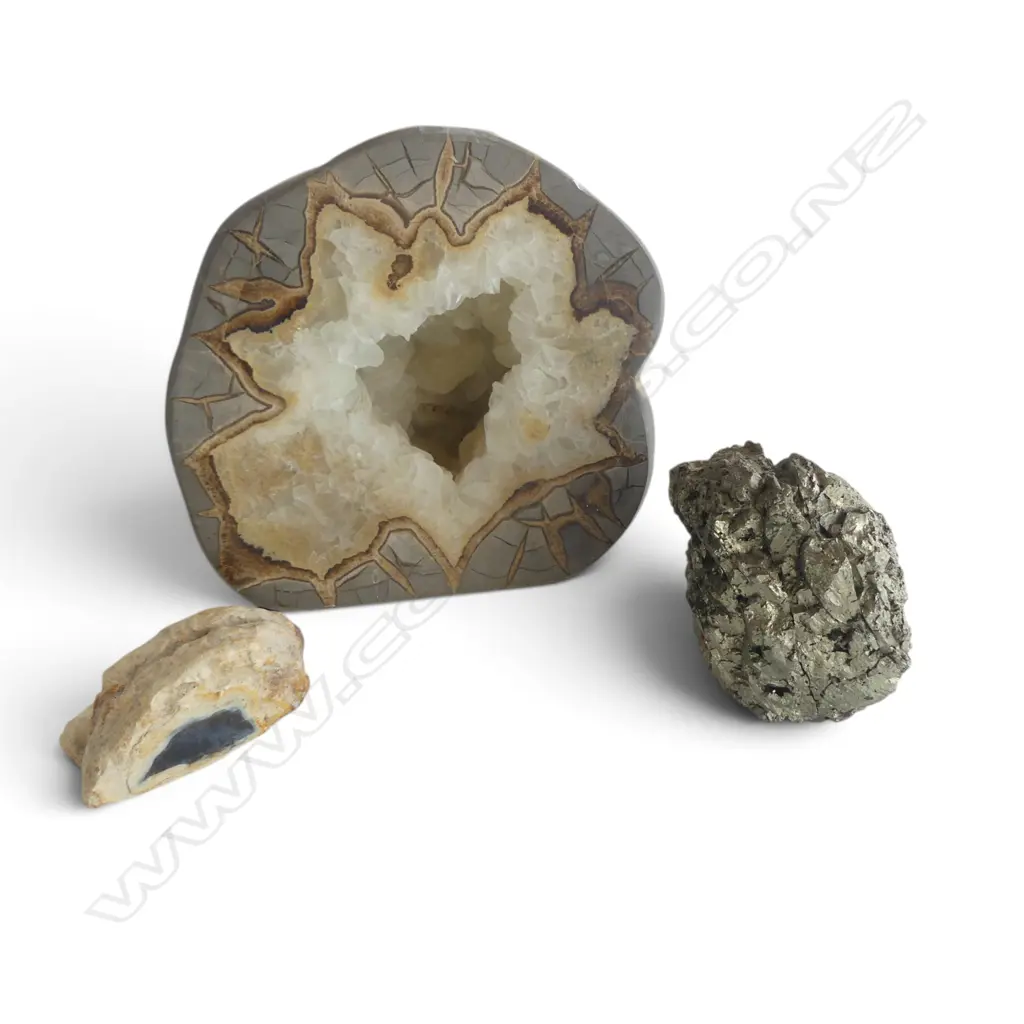 CUT & POLISHED CRYSTAL 1/2 GEODE ROCK 'Septarian Nodular'  + PRYRITE ROCK + small petrified wood? rock Image 1++