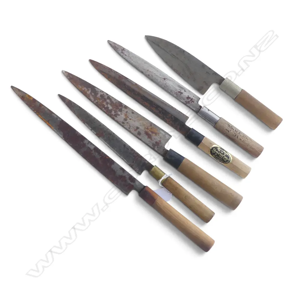 6 VINTAGE JAPANESE STEEL BLADED CHEF'S KNIVES some rust - most w signed blades. Longest 435mm Image 1++