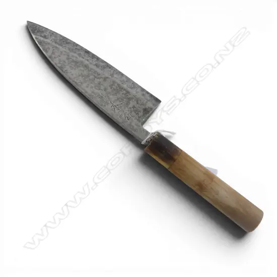1930s CARBON STEEL HAND FORGED KNIFE w buffalo horn ferrule & signed blade 
