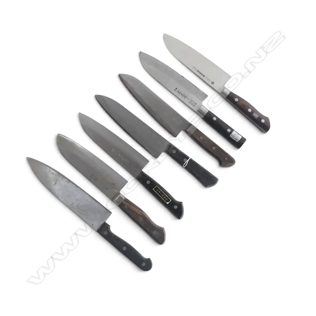 7 VINTAGE JAPANESE STEEL BLADED KITCHEN KNIVES - most w signed / named blades. Longest 320mm Image 1++
