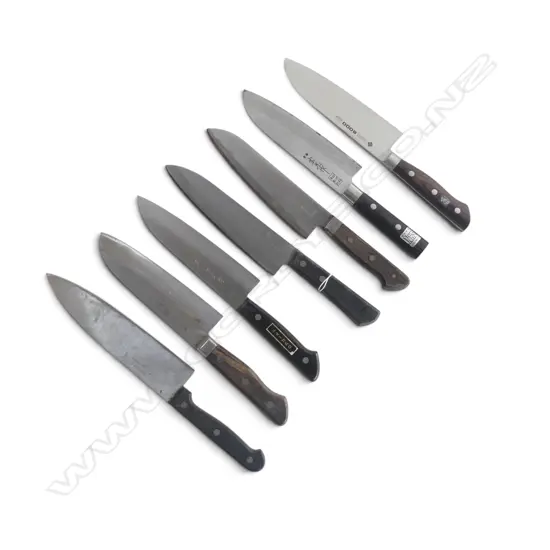 7 VINTAGE JAPANESE STEEL BLADED KITCHEN KNIVES - most w signed / named blades. Longest 320mm