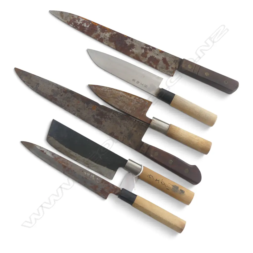 6 VINTAGE JAPANESE STEEL BLADED CHEF'S KNIVES some rust - most w signed blades. Longest 430mm Image 1++