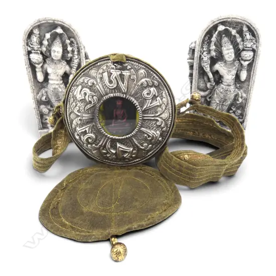 TIBETAN GHAU (AMULET BOX) 115mm dia + 2 QUARTZ FIGURES H.155mm chips