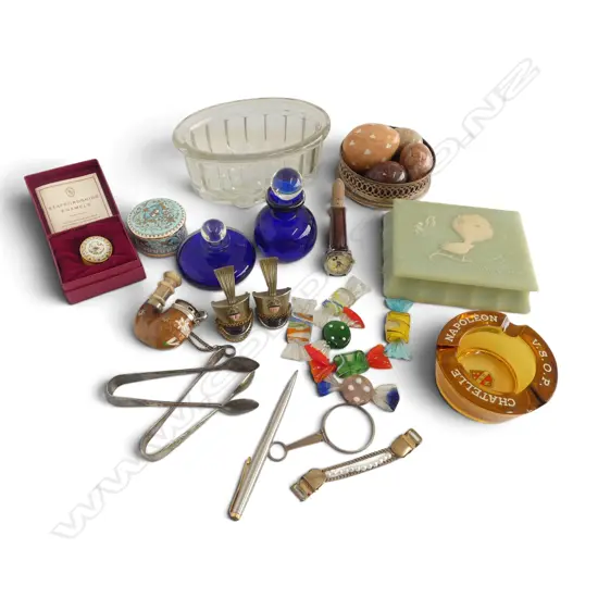 ASST. ITEMS; 2 EP TONGS, JELLY MOULD, 2 BLUE GLASS PERFUME BOTTLES ETC