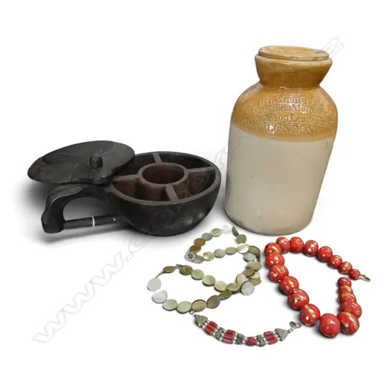 3 ITEMS OF COSTUME JEWELLERY, WOODEN SPICE BOX, CROCK H.305mm