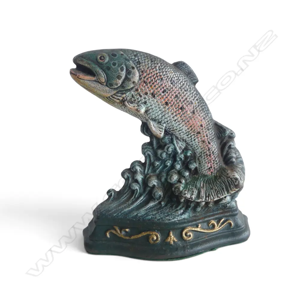 VINTAGE CAST IRON TROUT DOORSTOP WRIGHT STUDIOS USA, H.180MM L.165MM Image 1++