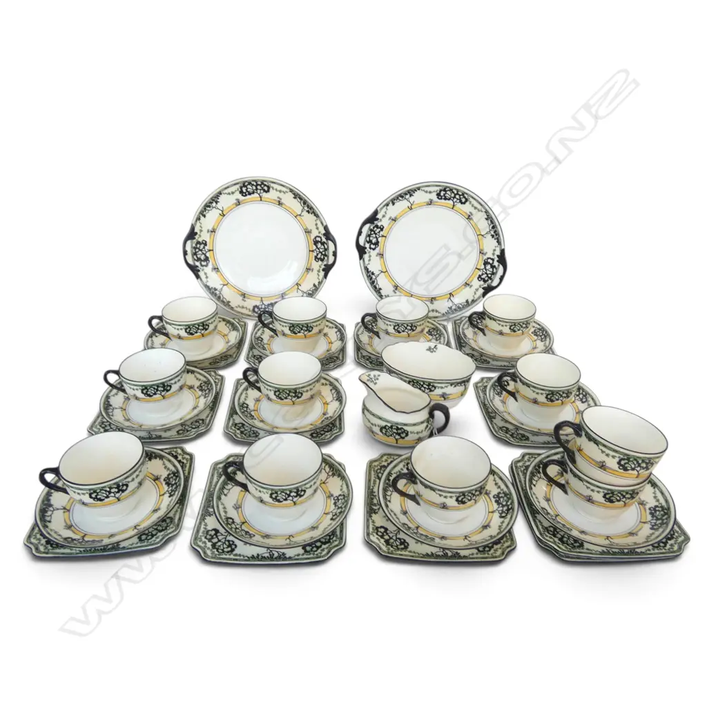 ASST. ROYAL DOULTON DECO PAT. CHINA; 11 TRIOS + SAUCER & CUP, SUGAR, CREAM & 2 CAKE PLATES Image 1++