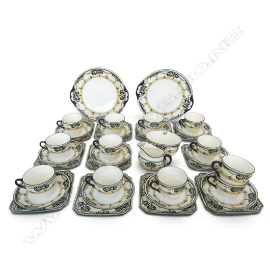 ASST. ROYAL DOULTON DECO PAT. CHINA; 11 TRIOS + SAUCER & CUP, SUGAR, CREAM & 2 CAKE PLATES