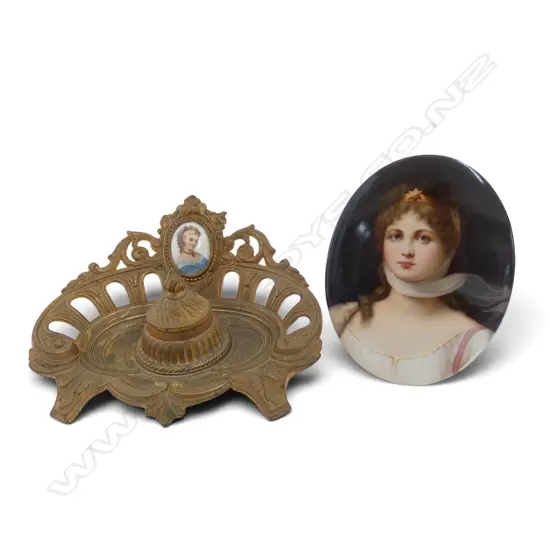 FRENCH GILT METAL & LIMOGE  INKSTAND L175MM  & HAND PAINTED LADY PLAQUE L135MM