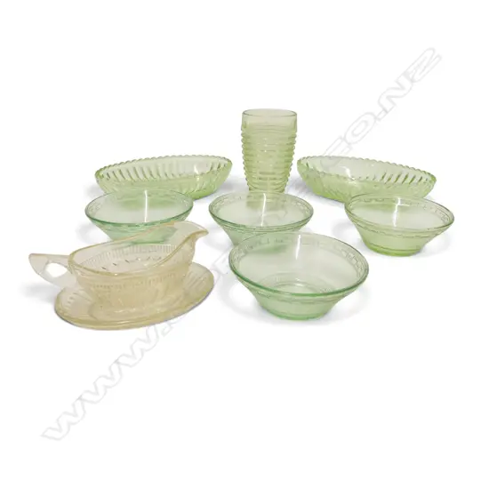 9 PCES OF GREEN PRESSED GLASS W.210mm