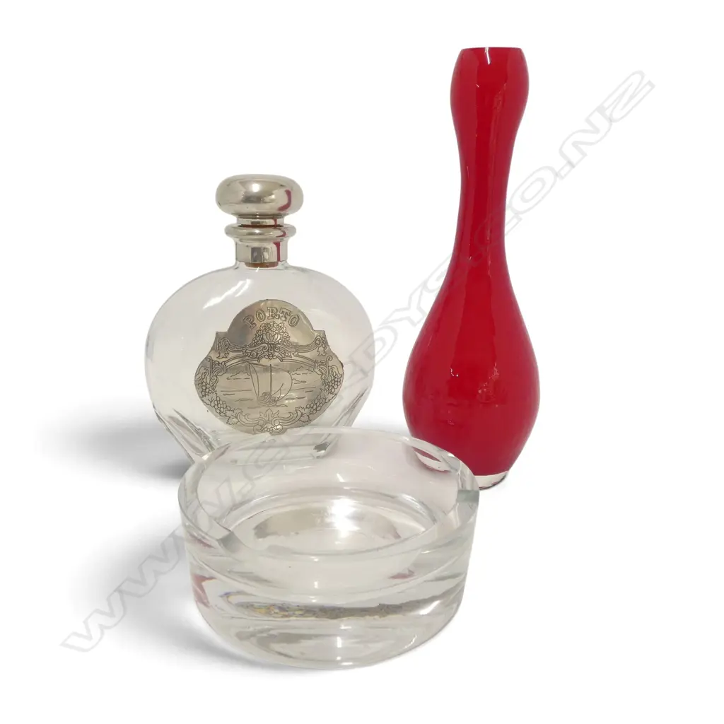 RED GLASS VASE + PORTO DECANTER + GLASS ASHTRAY Image 1++