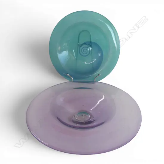 TOURQUOSE STUDIO GLASS KORU BOWL ON STAND DIA400MM & MAUVE STUDIO GLASS FOOTED BOWL DIA400MM