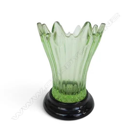 URANIUM GLASS VASE on black glass stand H.225mm