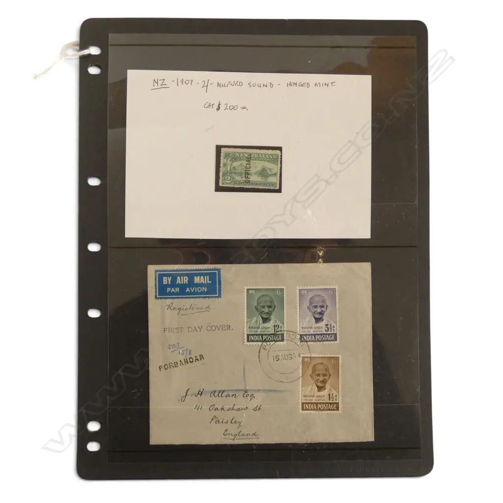 SHEET OF STAMPS; NZ 1907 2/- MILFORD SOUND HINGED MINT + GANDHI FIRST DAY COVER Image 1++
