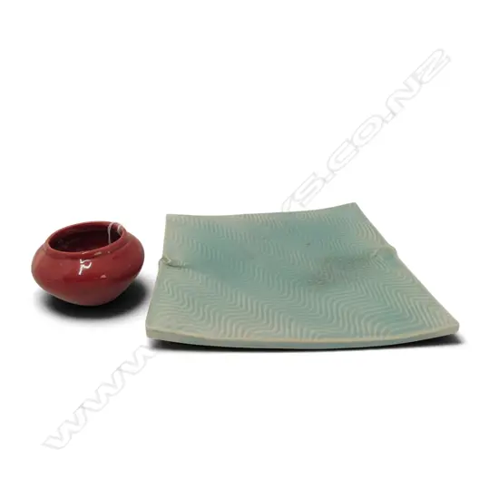 O.C. STEPHENS small RED SQUAT VASE + CHRIS WEAVER blue celadon DISH