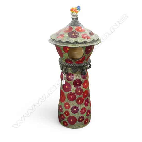 TALL 3 PC KEUM SUN LEE GARDEN BIRD FEEDER  w BIRD FINIAL, LUSTRE GLAZED TERRACOTTA, H.900mm, in 3pcs for transport