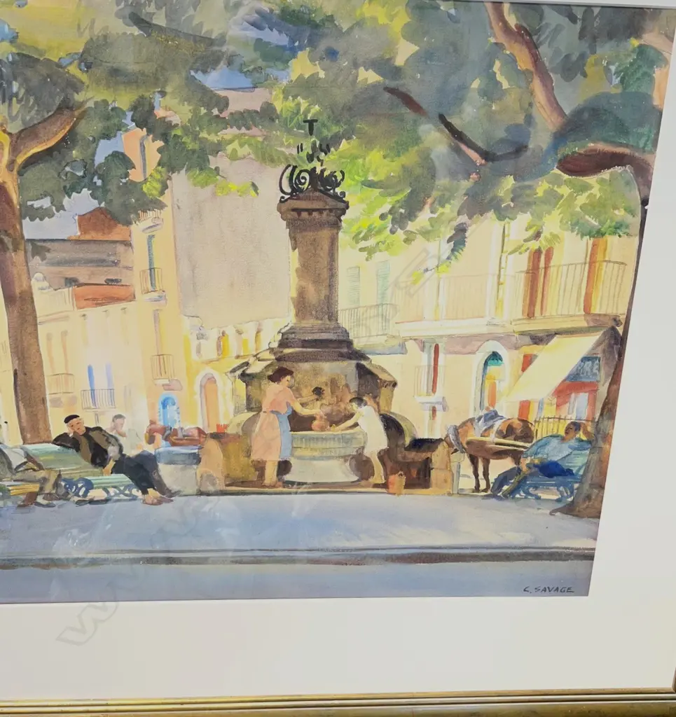 CEDRIC SAVAGE, 'THE FOUNTAIN, VILLAFRANCA' WATERCOLOUR, SIGNED, 500 X 620mm Image 1++
