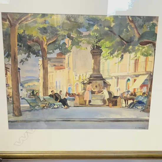 CEDRIC SAVAGE, 'THE FOUNTAIN, VILLAFRANCA' WATERCOLOUR, SIGNED, 500 X 620mm