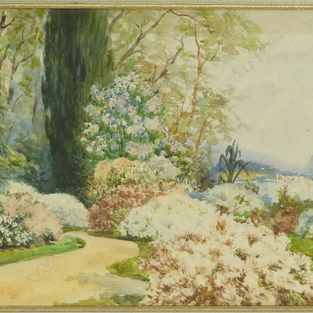 CARLO MENEGAZZI (ITALIAN 1856-1920)  LAKESIDE GARDEN WC, SIGNED 360x525mm FOXING Image 1++