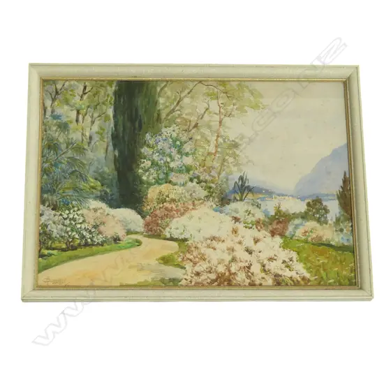 CARLO MENEGAZZI (ITALIAN 1856-1920)  LAKESIDE GARDEN WC, SIGNED 360x525mm FOXING