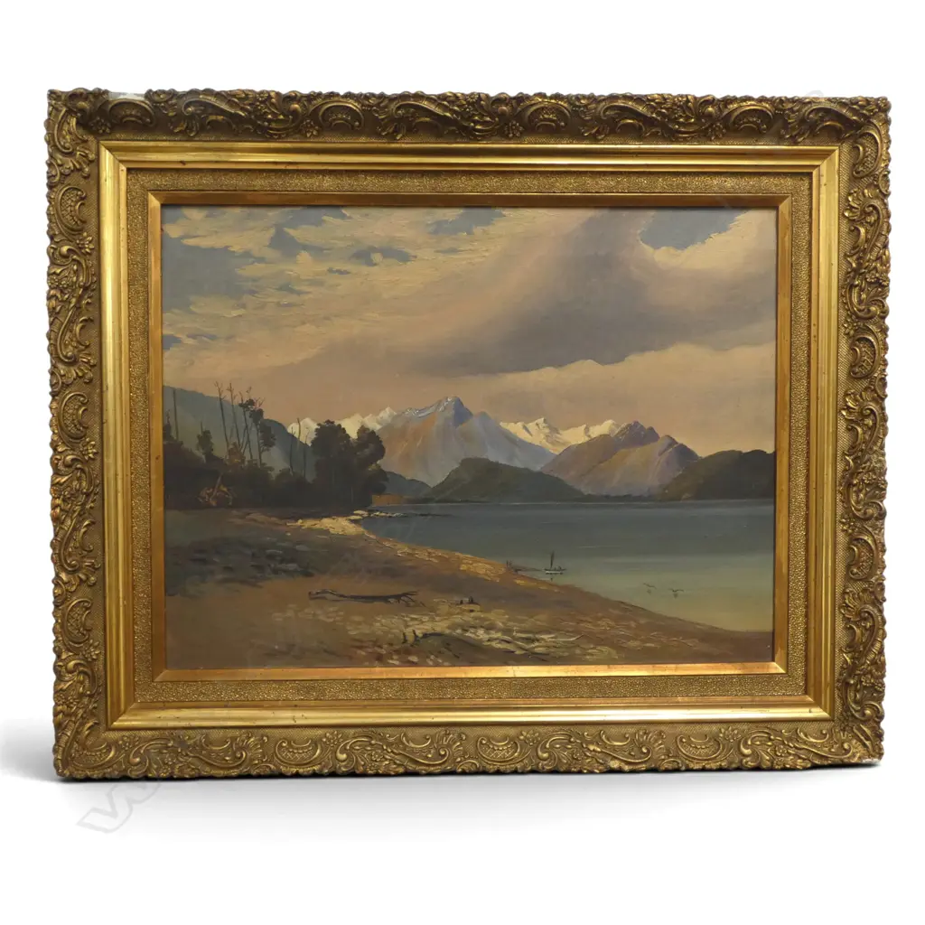 19th CENTURY SCHOOL, LAKE AND MOUNTAINS, OIL ON CANVAS, UNSIGNED IN PERIOD GILT FRAME, 370 X 550mm Image 1++