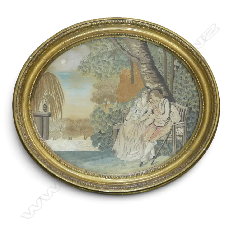 c.1900 PAINTED SILK EMBROIDERY IN OVAL GILT FRAME 250x310mm Image 1++