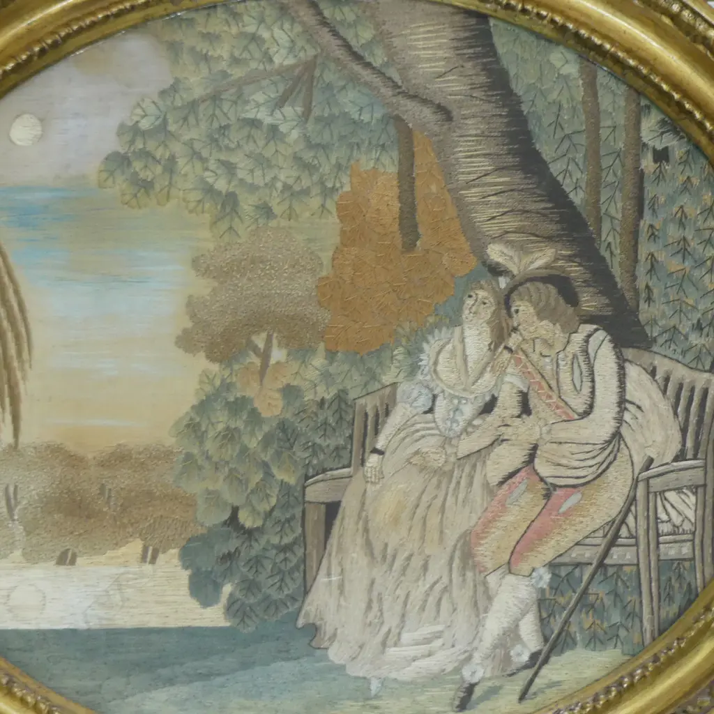 c.1900 PAINTED SILK EMBROIDERY IN OVAL GILT FRAME 250x310mm Image 1++