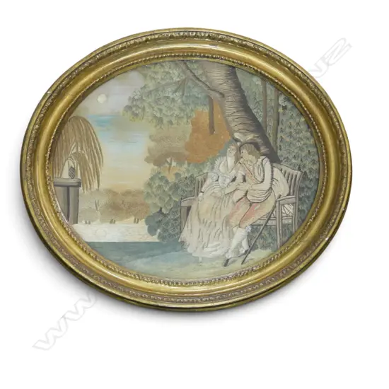 c.1900 PAINTED SILK EMBROIDERY IN OVAL GILT FRAME 250x310mm