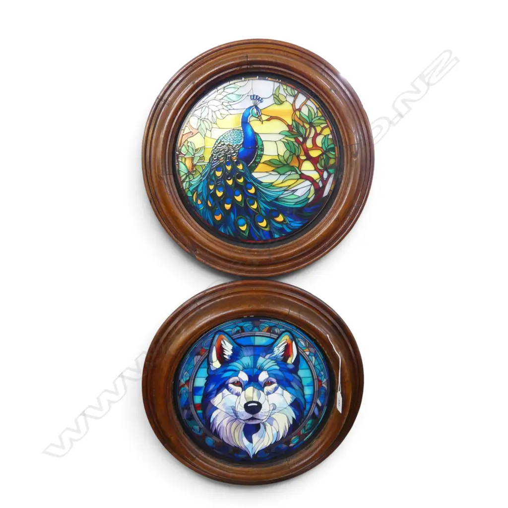 2 LEAD LIGHT STYLE PRINTS IN OLD WOODEN FRAMES 430mm dia Image 1++