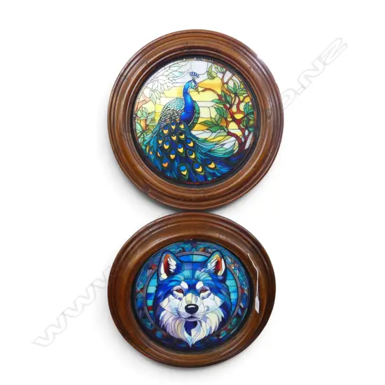 2 LEAD LIGHT STYLE PRINTS IN OLD WOODEN FRAMES 430mm dia