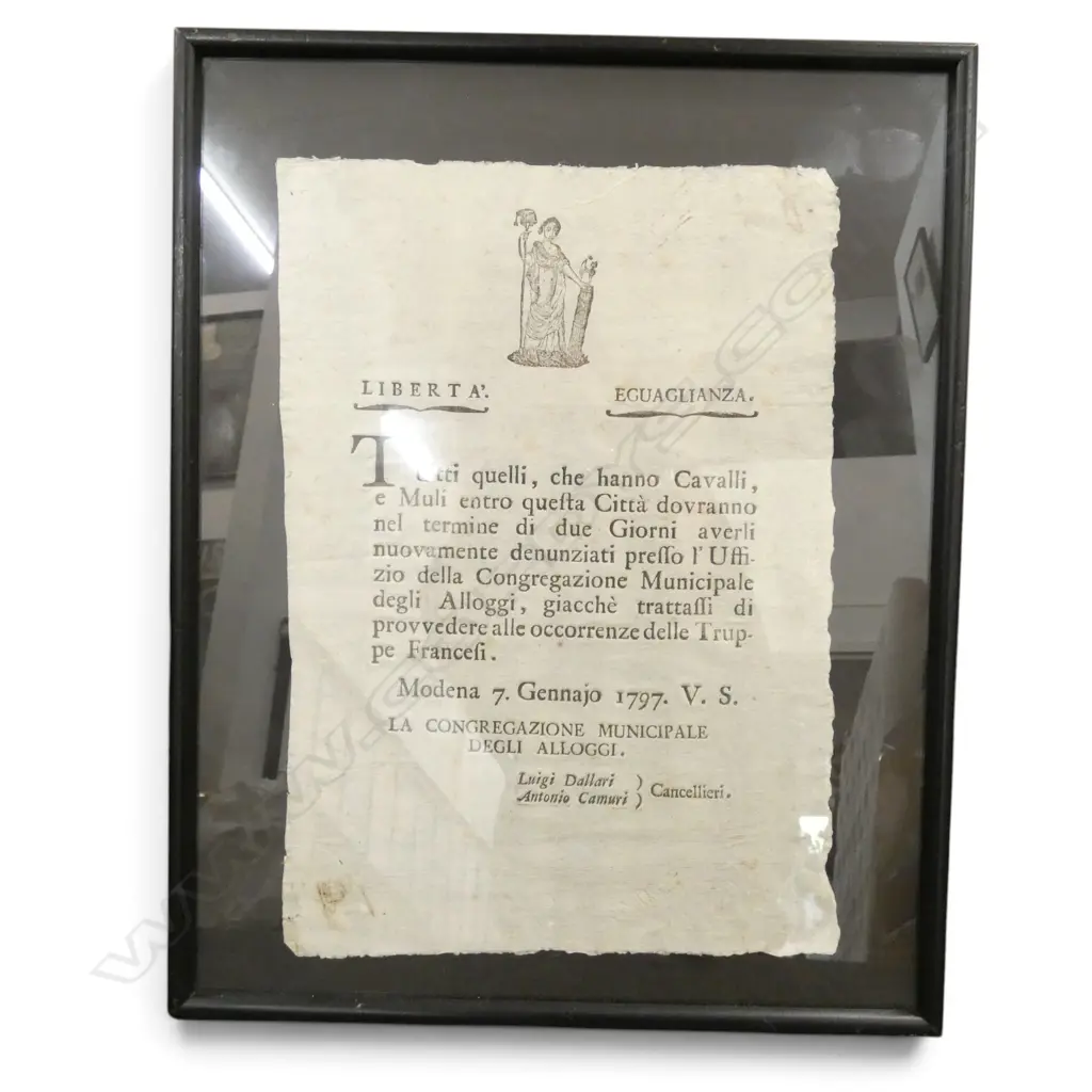 ANTIQUE 1797 NAPOLEONIC WARS NOTICE PUBLISHED by MODENA (ITALY) MUNICIPAL CONGREGATION OF LODGINGS.... Image 1++