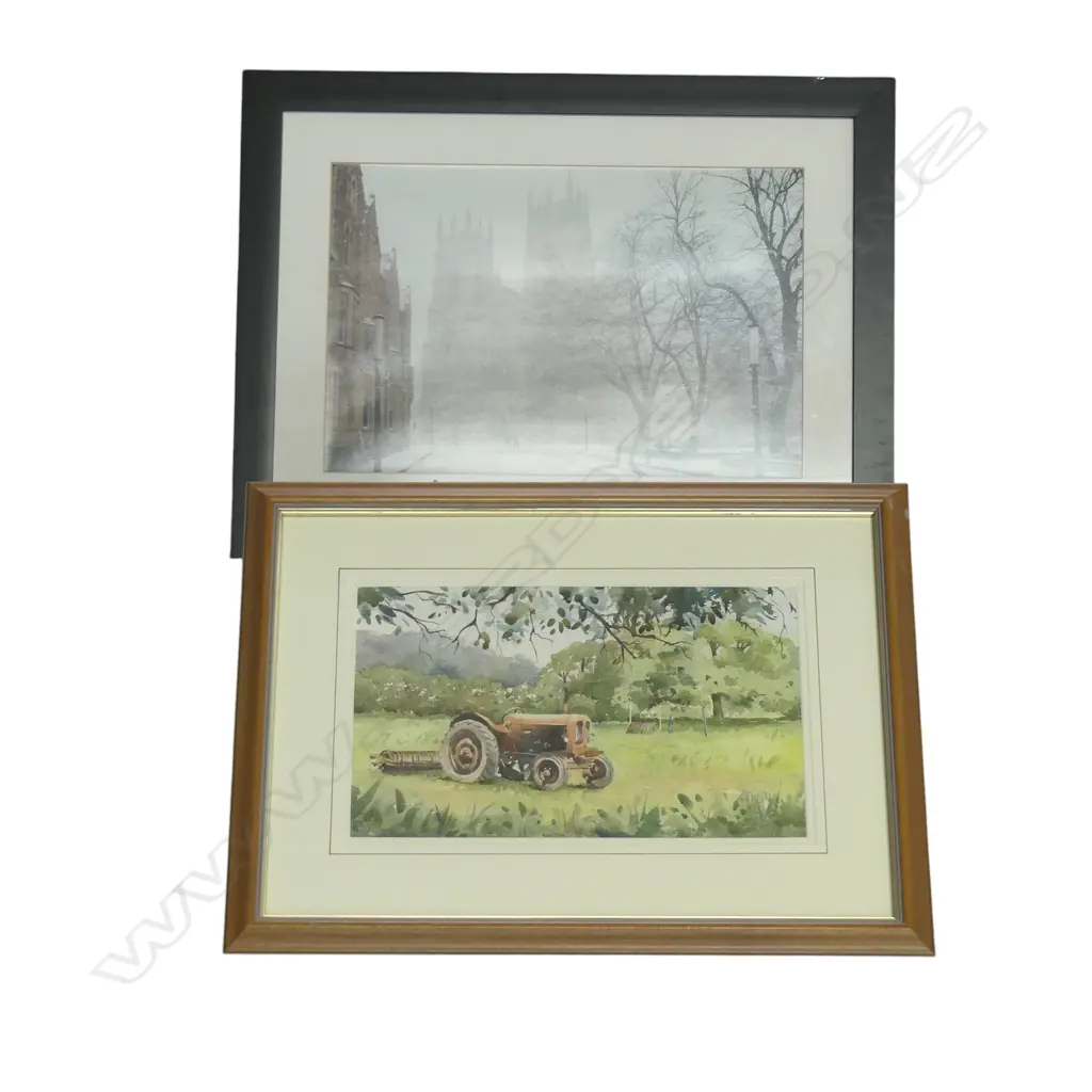 ANDY SHORE 'LITTLE RED TRACTOR, WATERCOLOUR, 225 X 360MM + SNOWY ENGLISH CITY SCENE PRINT 300 X 440mm Image 1++