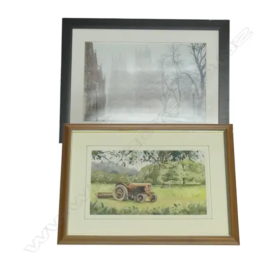 ANDY SHORE 'LITTLE RED TRACTOR, WATERCOLOUR, 225 X 360MM + SNOWY ENGLISH CITY SCENE PRINT 300 X 440mm