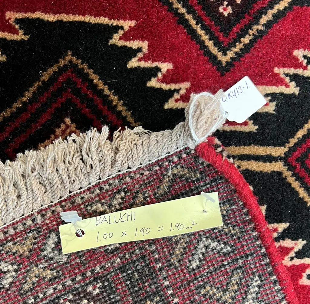 BALUCHI HAND KNOTTED WOOL PILE RUG 3 rows saw tooth geometric designs 1900 x 1000mm Image 1++