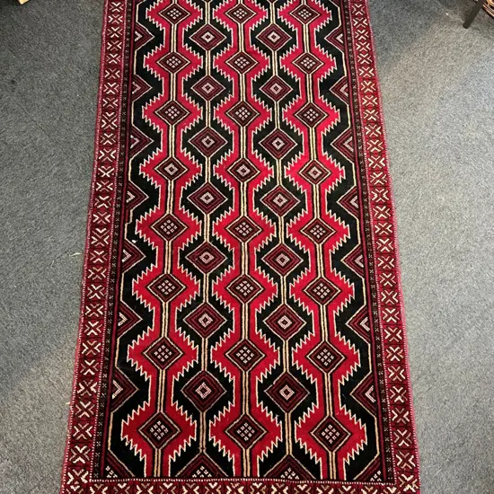 BALUCHI HAND KNOTTED WOOL PILE RUG 3 rows saw tooth geometric designs 1900 x 1000mm