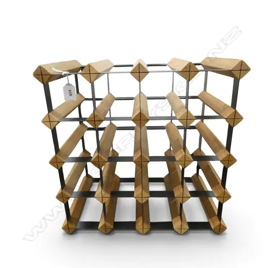 12 BOTTLE WOODEN WINE RACK WITH BLACK METAL FIXTURES, H.410MM W.430MM