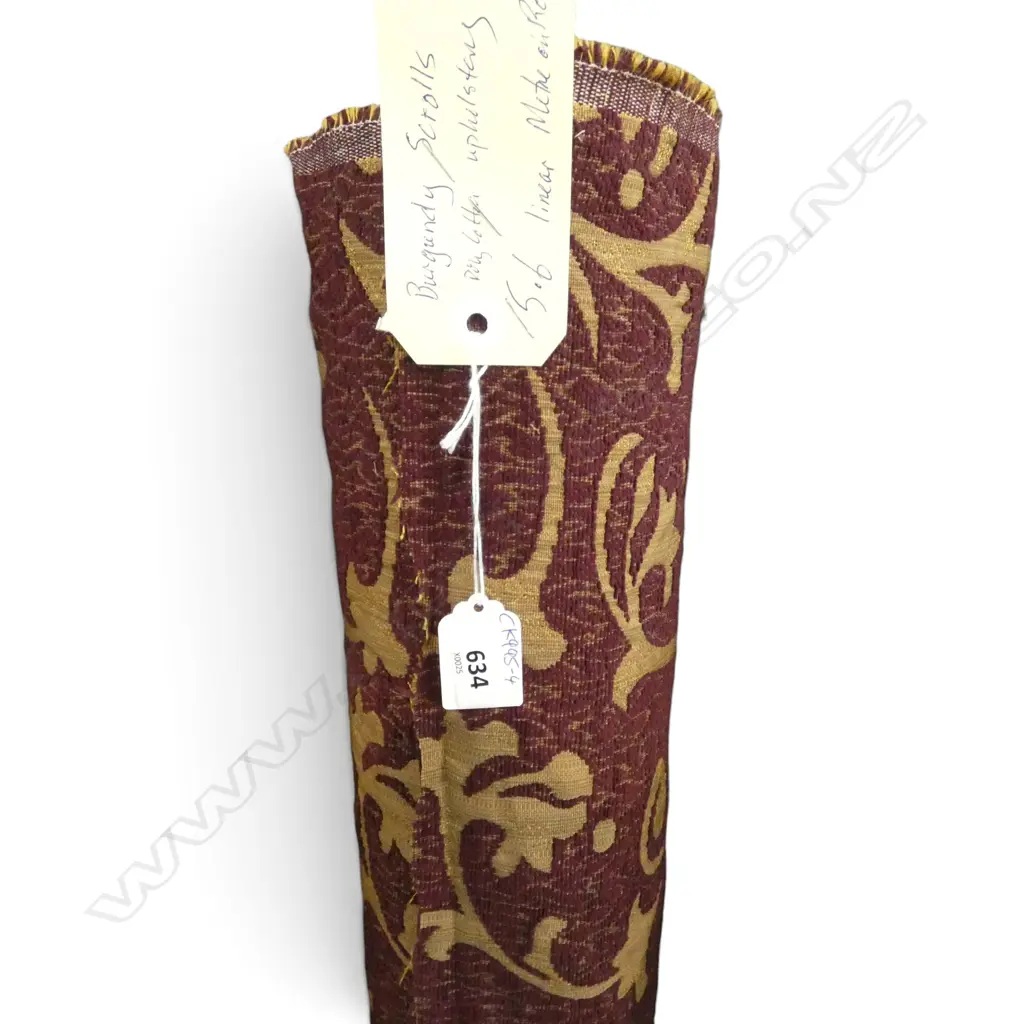 FABRIC BOLT; BURGUNDY SCROLLS, POLLY COTTON UPHOLSTERY, 5.6M Image 1++