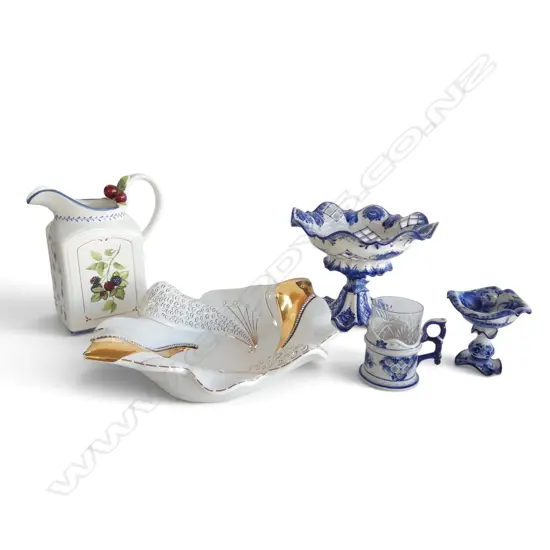 5 PCES CHINA; 3 RUSSIAN GZHEL (2 COMPORTS & CUP), JUG, BOWL W.400mm...