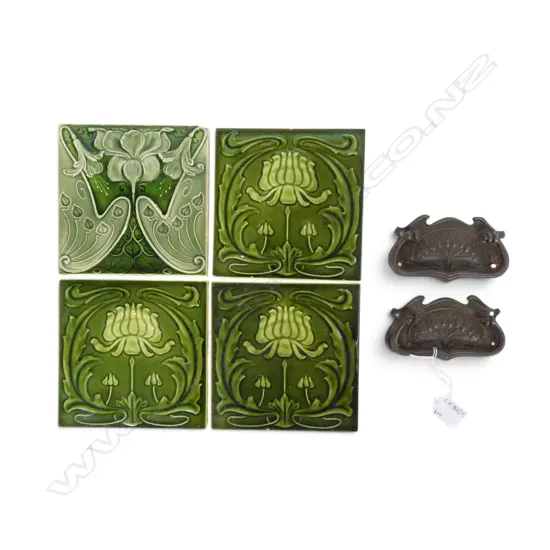 4 ANTIQUE GREEN GLAZED TILES 150x150mm + 2 HANDLES