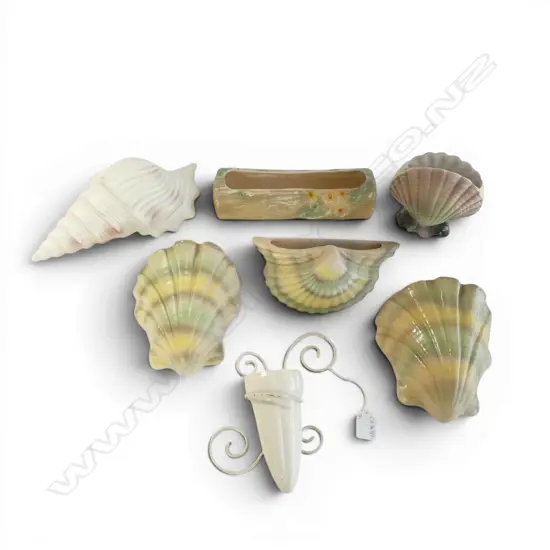 6 SHELL CERAMICS INCL. CROWN LYNN VASE #631 + TROUGH LOG VASE #542 W.250mm