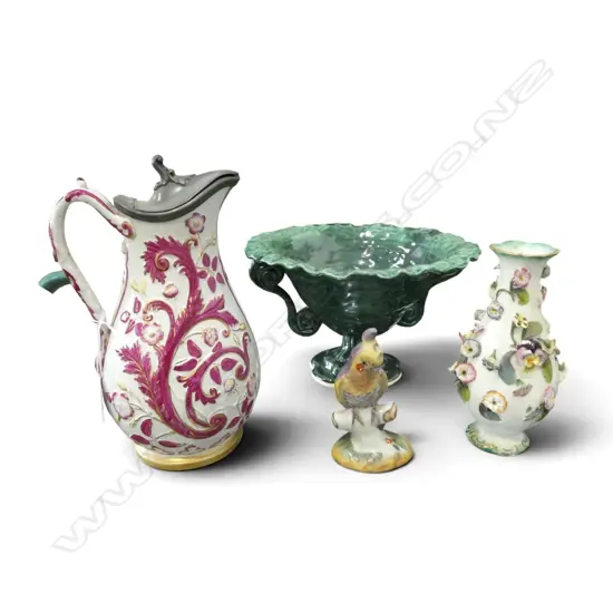 4 PCES CHINA; BIRD, JUG, VASE (LOSSES), STUDIO POTTERY GREEN GLAZED COMPORT H.150mm, 240mm dia