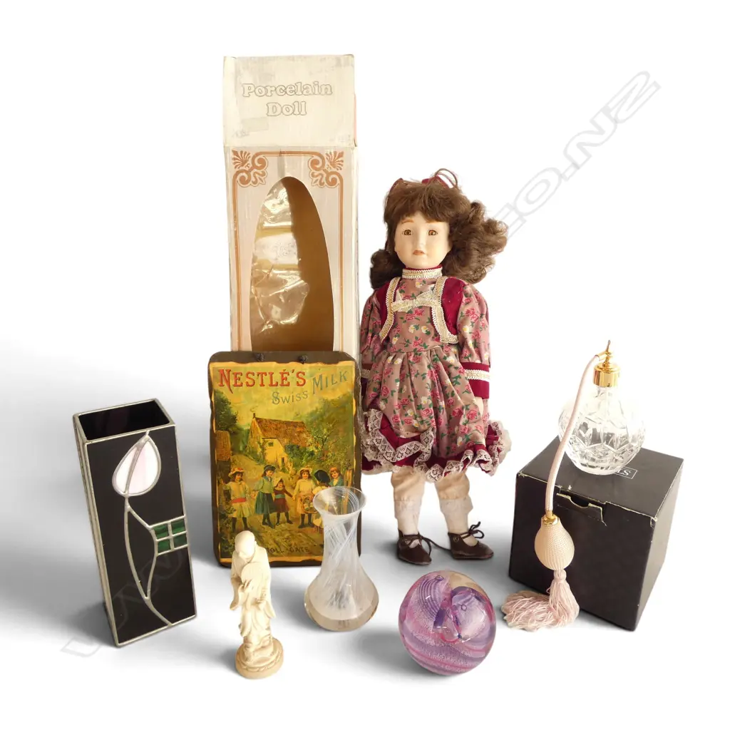 BOX OF ASST. COLELCTABLES Incl. CAITHNESS PAPERWEIGHT, PORCELAIN DOLL, SCENT BOTTLE etc Image 1++