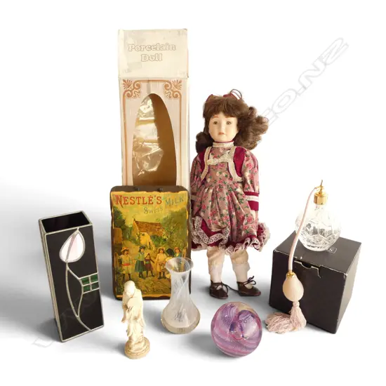 BOX OF ASST. COLELCTABLES Incl. CAITHNESS PAPERWEIGHT, PORCELAIN DOLL, SCENT BOTTLE etc