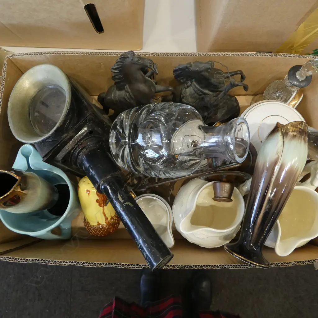 ASST. CHINA, JUGS, KROSNO DECANTER (RIM CHIP), BOTTLE w. STG SILVER RIM, RAILWAY LANTERN H.400mm, PR SPELTER HORSES ETC Image 1++