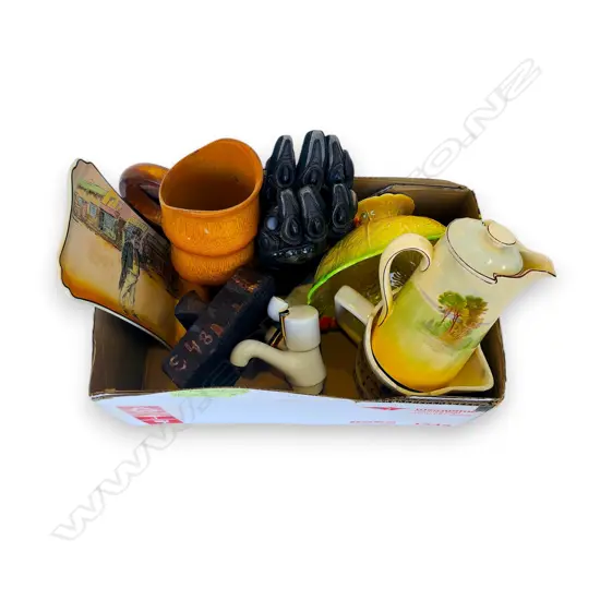 ASST. ROYAL DOULTON + BAMBOO MUG, MOTORCYCLE RIDING GLOVE, PAIR OF BRONZE TAP ETC