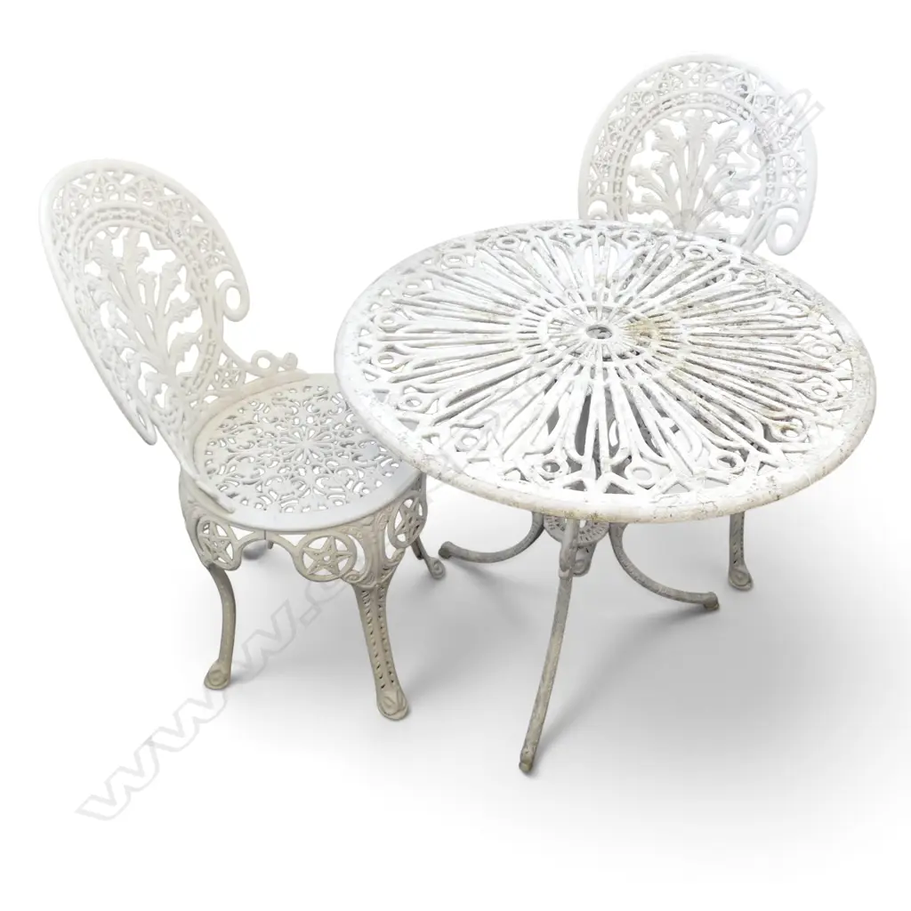 WHITE METAL PATIO TABLE & 2 CHAIRS Dia.720mm Image 1++