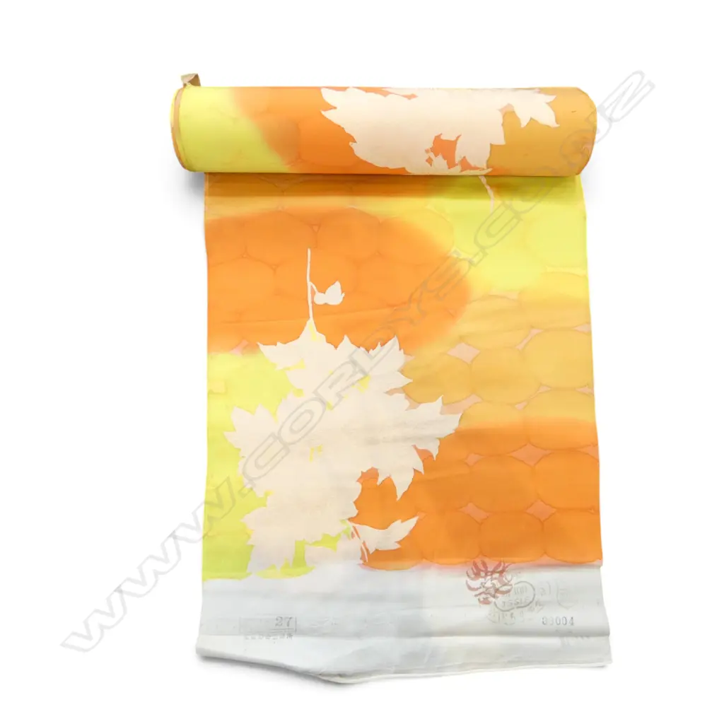 Unused 1980's NISHIJIN TEXTILE (Kyoto) JAPANESE orange floral SILK ROLL L.12M W.370mm. New old stock... Image 1++