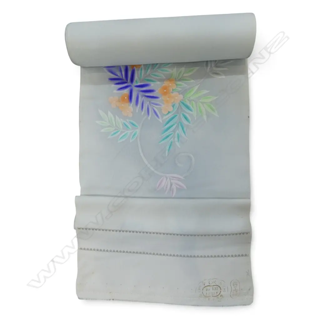 Unused 1980's NISHIJIN TEXTILE (Kyoto) JAPANESE grey blue floral SILK ROLL L.12M W.370mm. New old stock... Image 1++